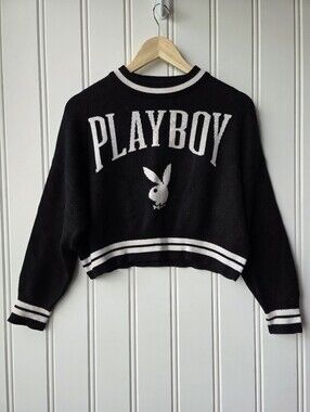 Playboy Knitted Cropped Black White Crewneck Sweater Womens XS